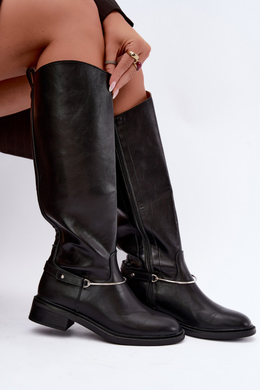 Bottes hautes avec larges talons et rubans décoratifs en couleur noire INillene