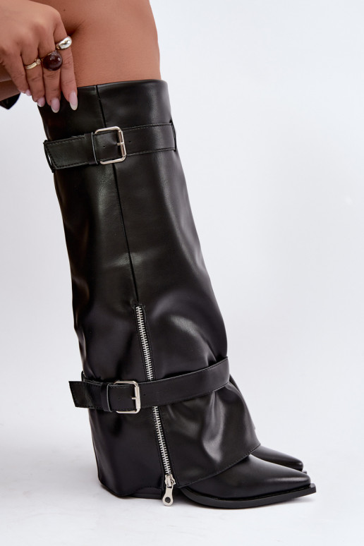 Hohe Stiefel mit Absatz und Schnürung mit Bändern und Schnallen in schwarzer Farbe Amorette