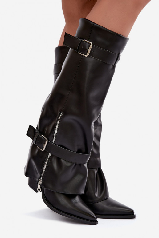 Hohe Stiefel mit Absatz und Schnürung mit Bändern und Schnallen in schwarzer Farbe Amorette