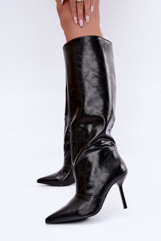 Bottes chaudes au-dessus du genou avec talons fins couleur noire Fenoria