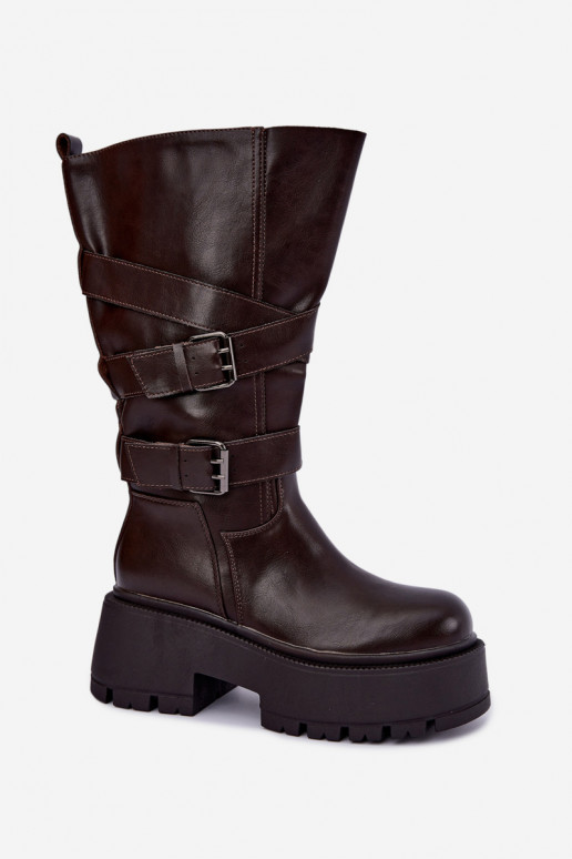 Hoge laarzen met platform en riempjes in chocolade Delsenne