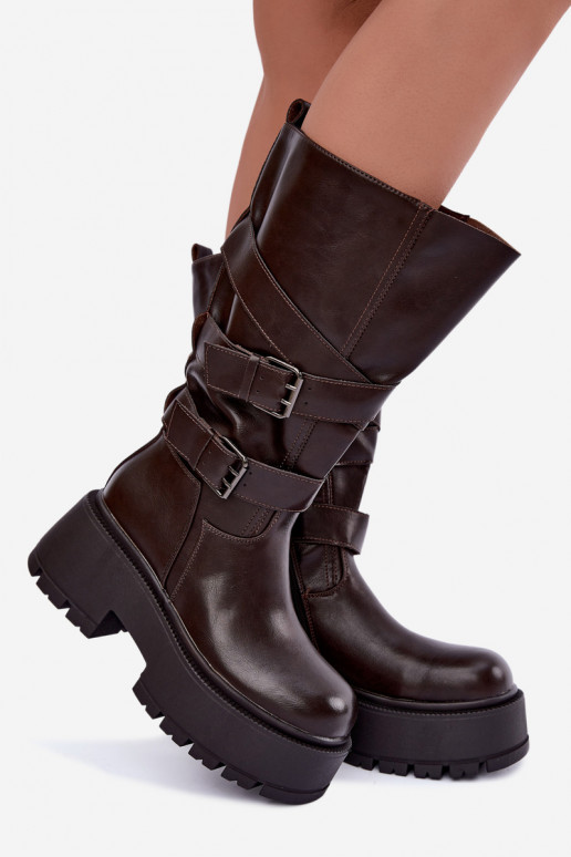 Bottes hautes avec plateforme et sangles en chocolat Delsenne