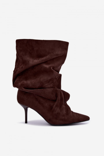 gekruiste warme instapankleboots met dunne hakken in chocolade kleur Greselle 2