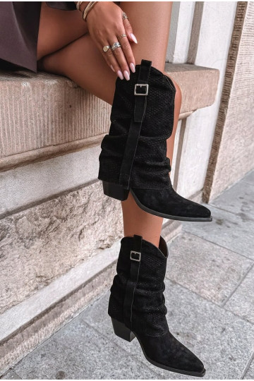 Schwarze kniehohe Cowboy-Stiefel mit spitzem Zehen und Absätzen Calenne 2