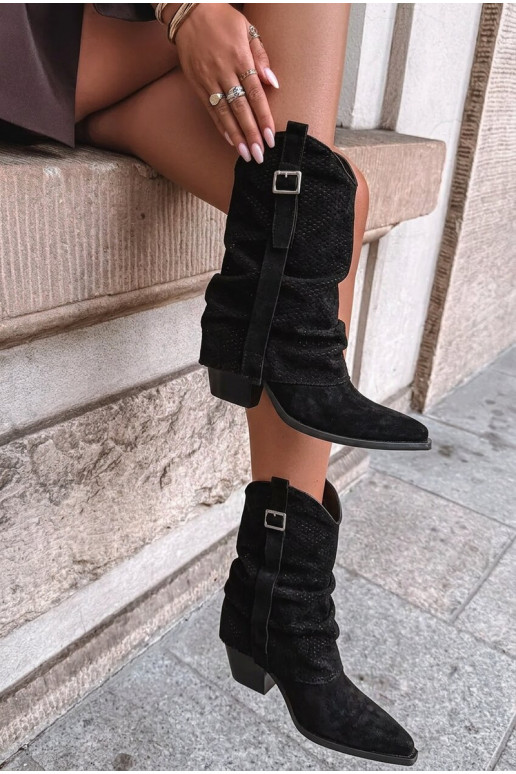 Bottes noires hautes de style cowboy avec bout pointu et talons Calenne