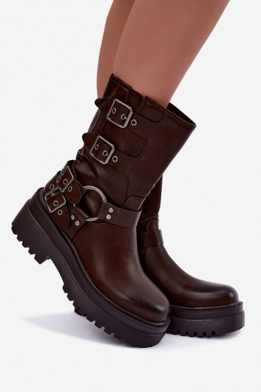 Warme enkellaarsjes met platform en gespen in chocoladekleur Gilmora