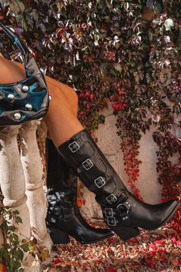 Bottes hautes style cowboy avec talons et boucles en simili cuir noir Fivelle 2