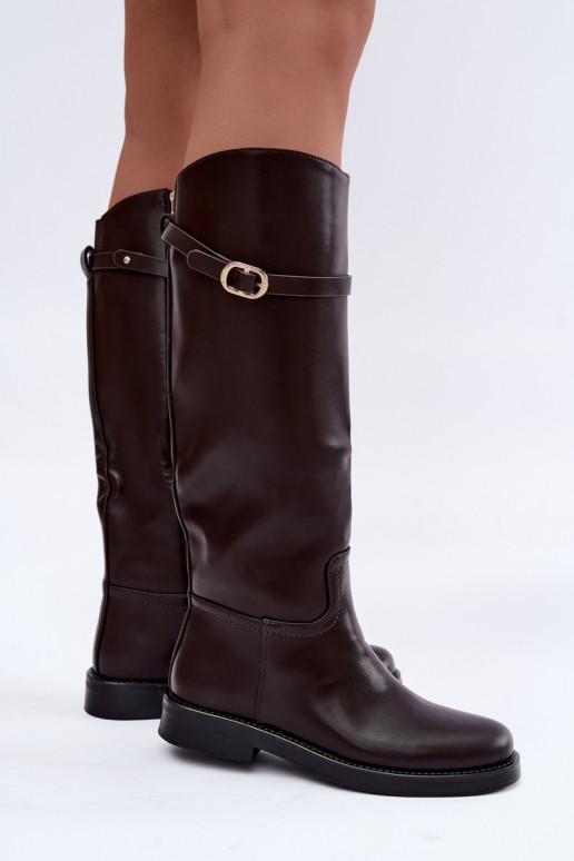 Damen kniehohe Stiefel mit breiten Absätzen und Riemen mit Schnallen in schokoladenfarbener Sylvena
