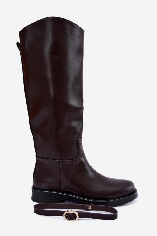 Damen kniehohe Stiefel mit breiten Absätzen und Riemen mit Schnallen in schokoladenfarbener Sylvena