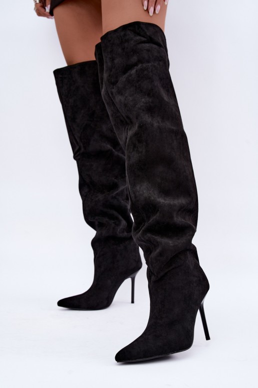 Damen kniehohe Stiefel mit schmalen Absätzen in schwarzer Farbe Aderelle