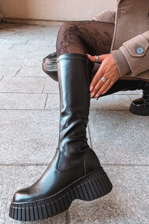 Bottes noires jusqu'au genou avec plateforme Haldora