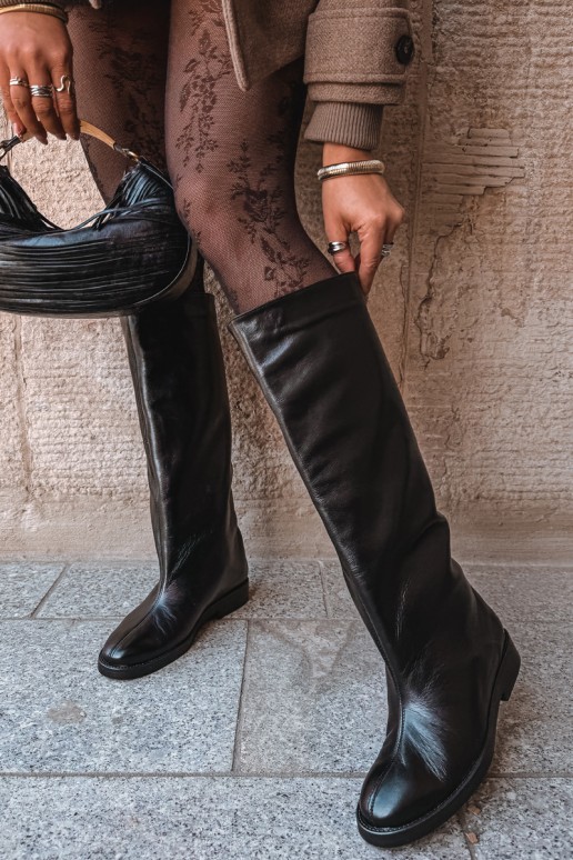 Bottes hautes en cuir chaudes avec larges talons en noir Zazoo 542