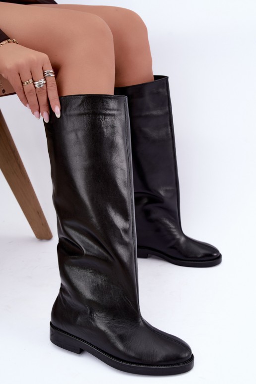Bottes hautes en cuir chaudes avec larges talons en noir Zazoo 542
