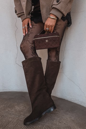 Bottes hautes en daim synthétique chaudes avec larges talons en marron Zazoo 542 2