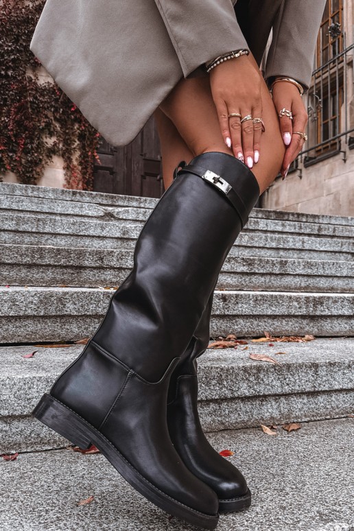 bottes hautes pour femmes avec talons décorés en simili cuir noir Palisse