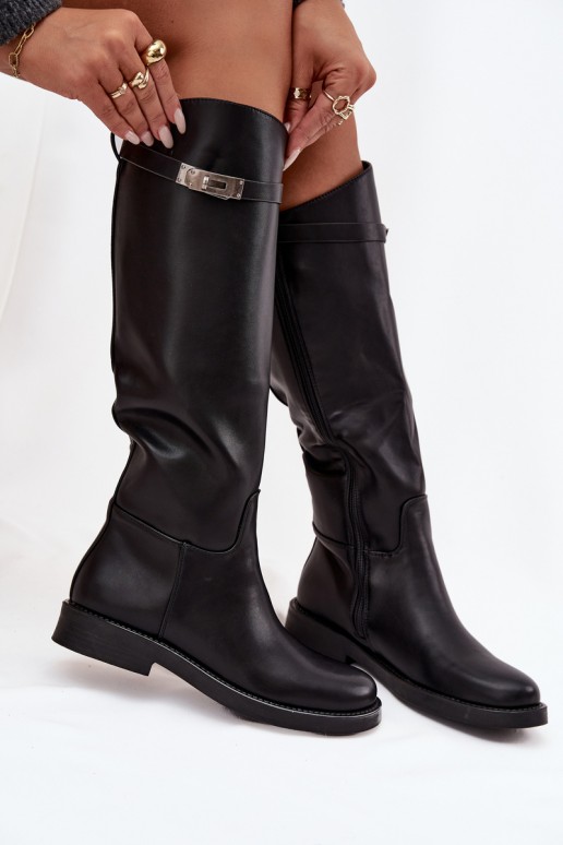 bottes hautes pour femmes avec talons décorés en simili cuir noir Palisse