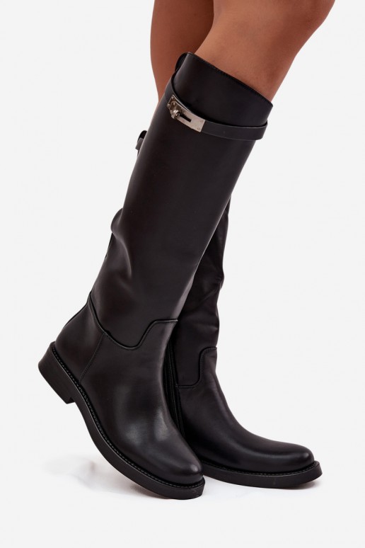 bottes hautes pour femmes avec talons décorés en simili cuir noir Palisse