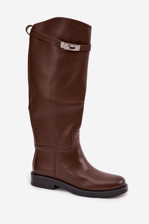 bottes hautes pour femmes avec talons décorés en simili cuir marron Palisse