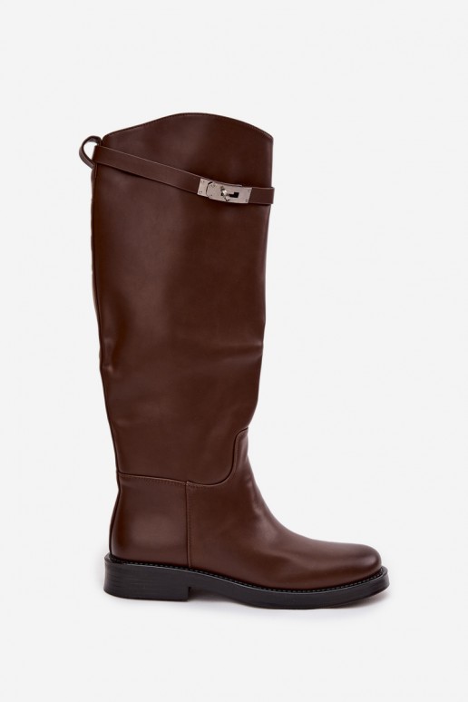 bottes hautes pour femmes avec talons décorés en simili cuir marron Palisse