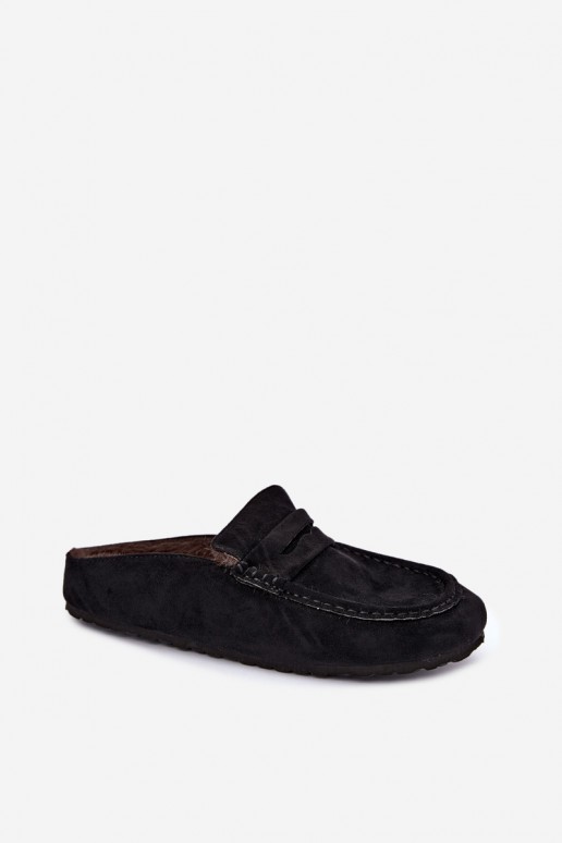 mokassins isolés pour femmes avec talon ouvert et fourrure en couleur noire Sabrielle