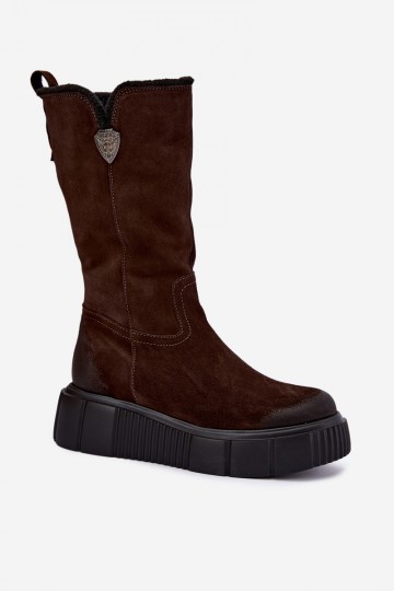 dameskniehoge laarzen van bruin faux suede met wol Zazoo
