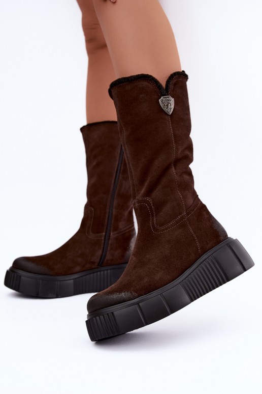 dameskniehoge laarzen van bruin faux suede met wol Zazoo