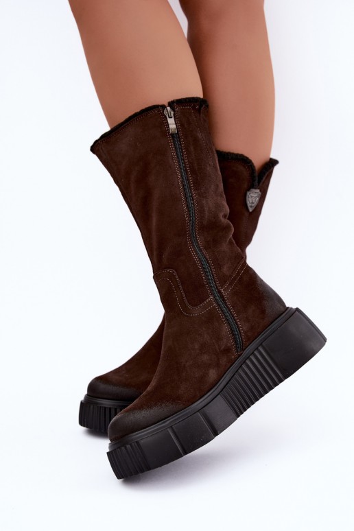 Damen kniehohe Stiefel aus braunem Kunstveloursleder mit Wolle Zazoo