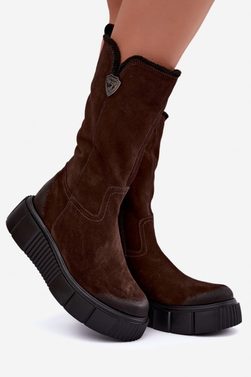 bottes hautes pour femmes en daim synthétique marron avec laine Zazoo
