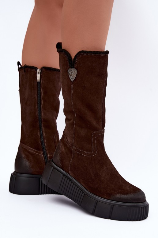 bottes hautes pour femmes en daim synthétique marron avec laine Zazoo