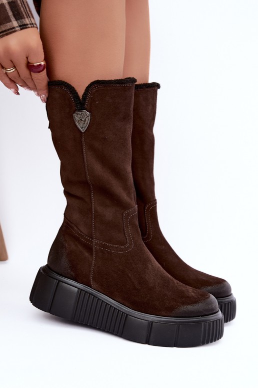 dameskniehoge laarzen van bruin faux suede met wol Zazoo