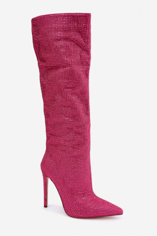 bottes hautes avec talons fins et œillets scintillants en couleur rose Lovisa