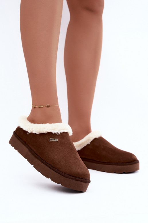dameshuisslippers met karakul in donkerbruin Inblu