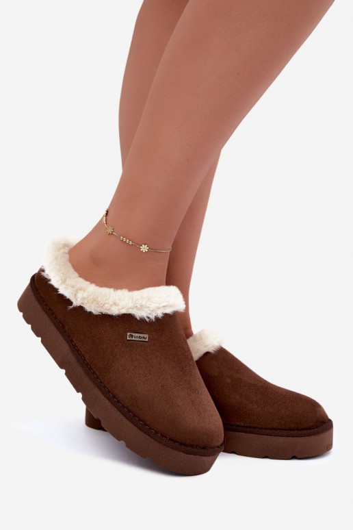dameshuisslippers met karakul in donkerbruin Inblu