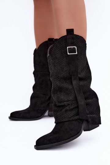 Schwarze kniehohe Cowboy-Stiefel mit spitzem Zehen und Absätzen Calenne 2