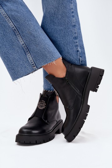 Schwarze gefütterte flache Stiefel für Damen mit Verzierungen Lavira 2