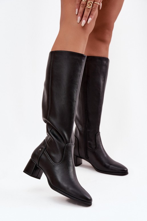 Schwarze gefütterte Damen-Overknee-Stiefel aus Leder mit Absätzen