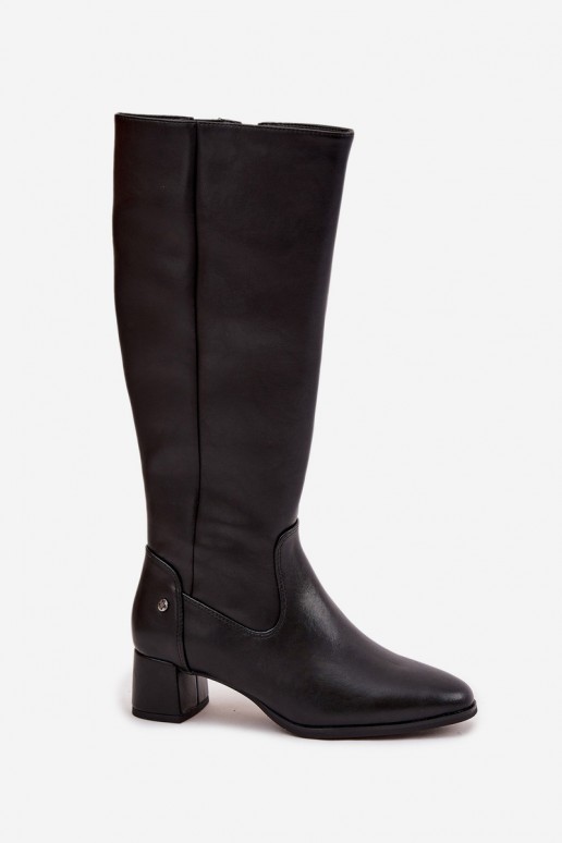Schwarze gefütterte Damen-Overknee-Stiefel aus Leder mit Absätzen
