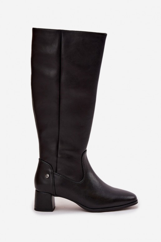 Schwarze gefütterte Damen-Overknee-Stiefel aus Leder mit Absätzen