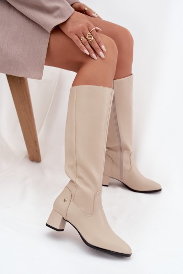 Bottes beiges isolées pour femmes au-dessus du genou en cuir avec talons