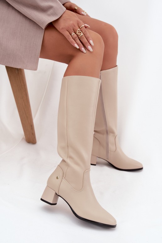 Bottes beiges isolées pour femmes au-dessus du genou en cuir avec talons
