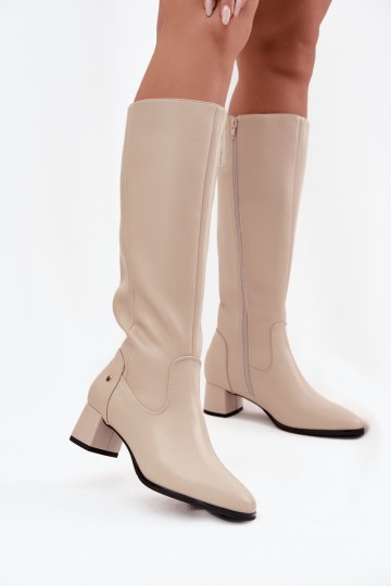Beige geïsoleerde dames over-the-knee laarzen van leer met hakken 2