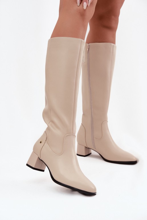 Beige gefütterte Damen-Overknee-Stiefel aus Leder mit Absätzen