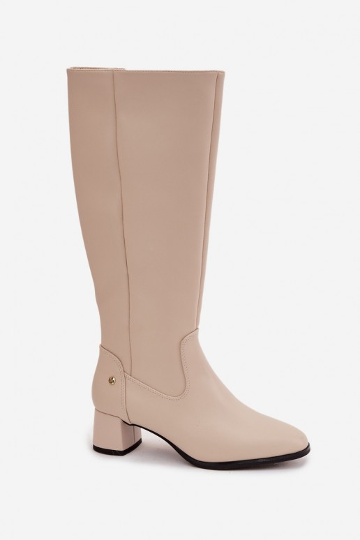 Bottes beiges isolées pour femmes au-dessus du genou en cuir avec talons