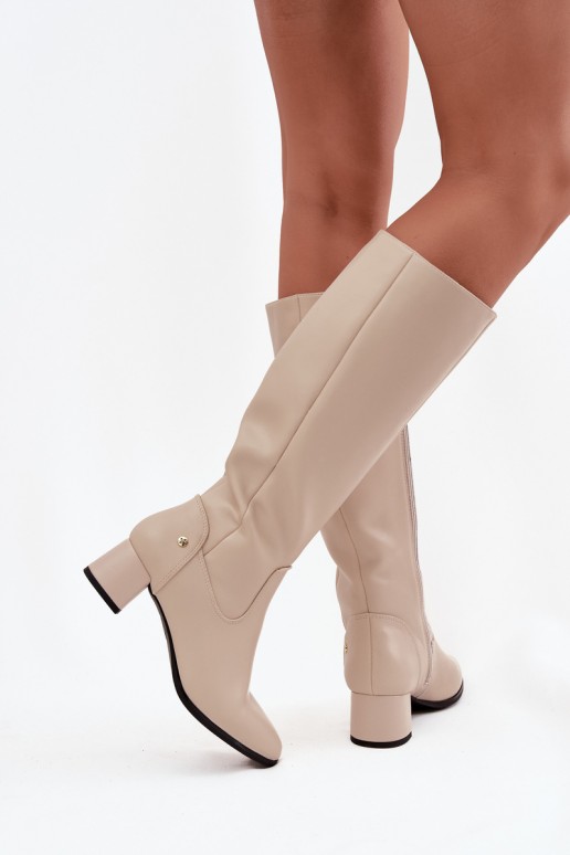 Beige geïsoleerde dames over-the-knee laarzen van leer met hakken