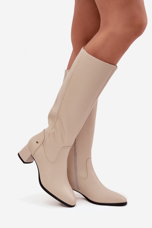 Bottes beiges isolées pour femmes au-dessus du genou en cuir avec talons