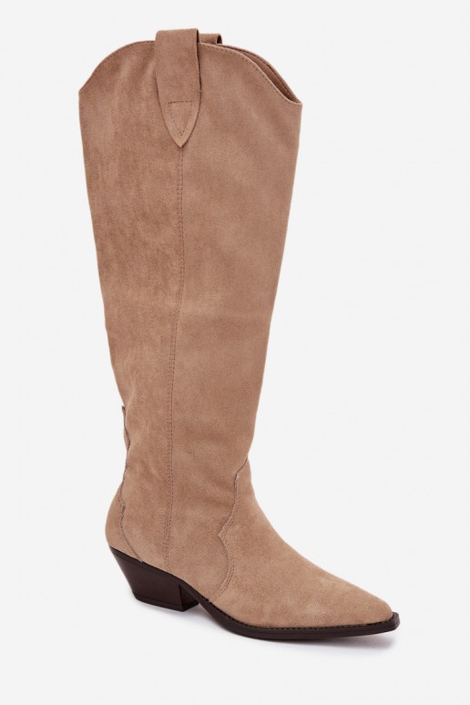 Warme lange cowboy-stijl laarzen met hakken van faux suede in zandkleur Jovianne