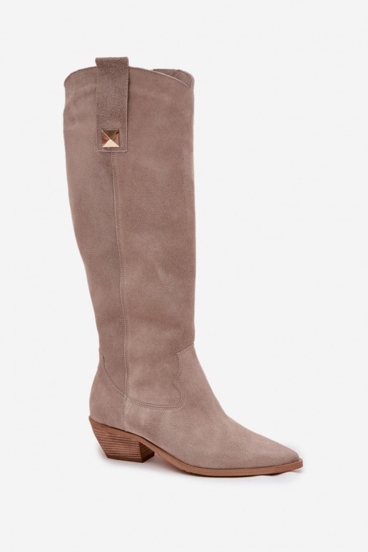 Cappuccino-farbene Kunstveloursleder-Stiefel im Cowboy-Stil mit Futter Zazoo 4224