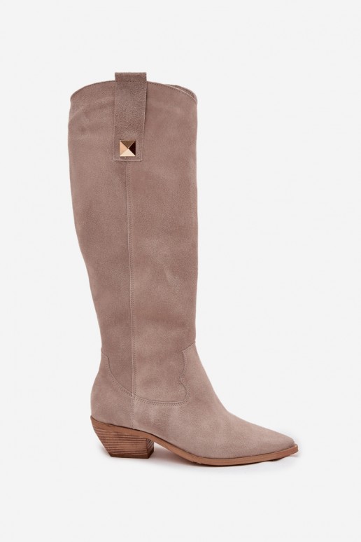 Koffiekleurige faux suede lange cowboylaarzen met voering Zazoo 4224