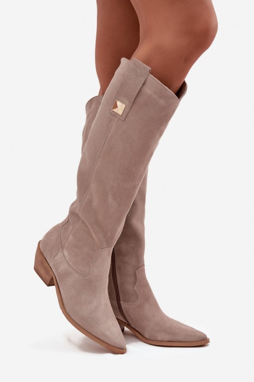 Koffiekleurige faux suede lange cowboylaarzen met voering Zazoo 4224