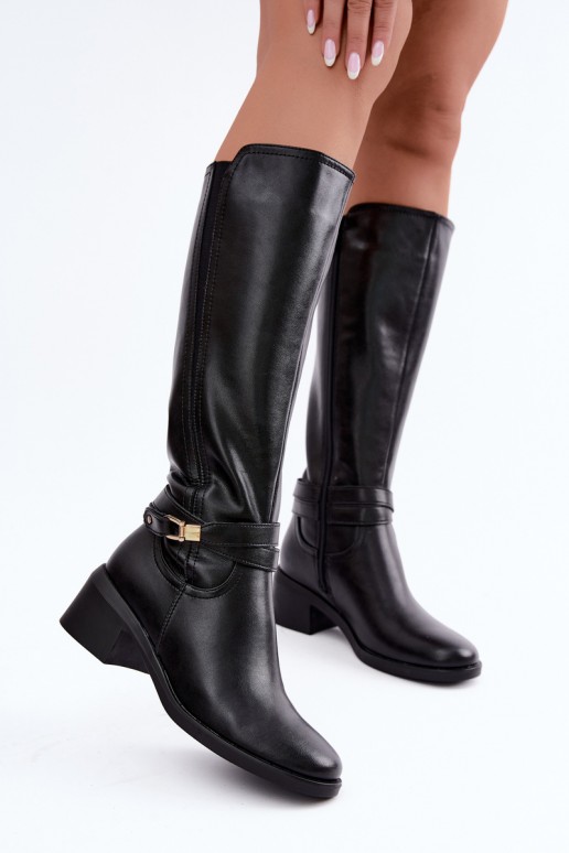 Warmes Leder-Kniehohe Stiefel mit dekorierten Absätzen Sergio Leone KZ-13 schwarz
